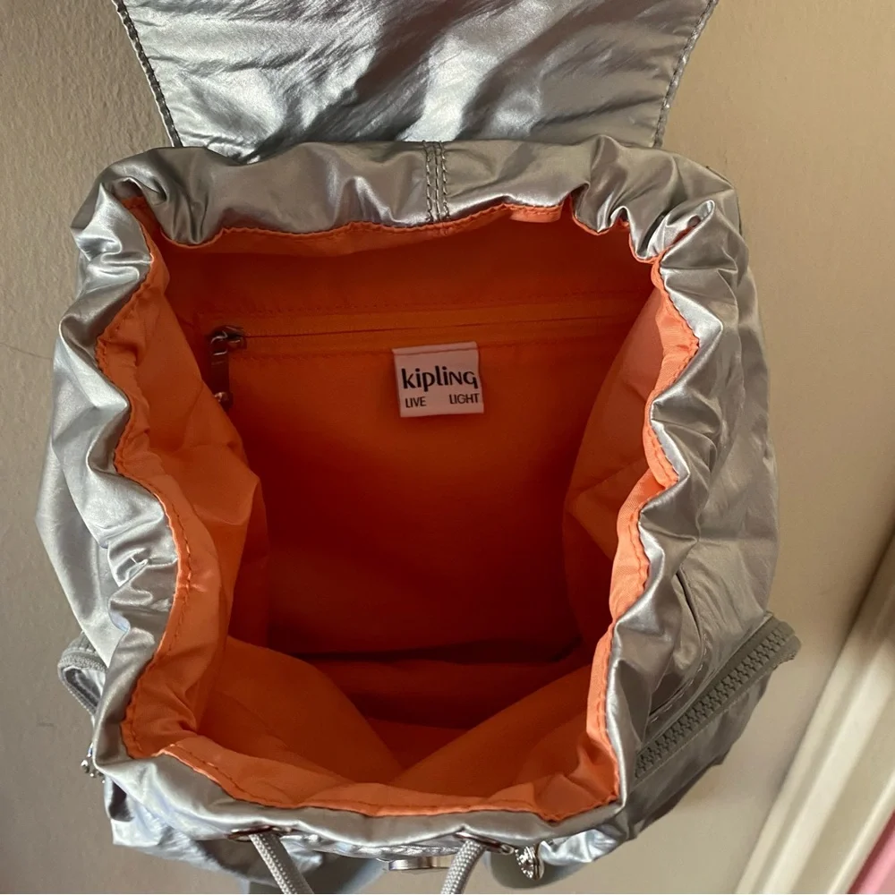 NWT Kipling Small Metallic Silver Anto Backpack with Drawstring and Pockets
